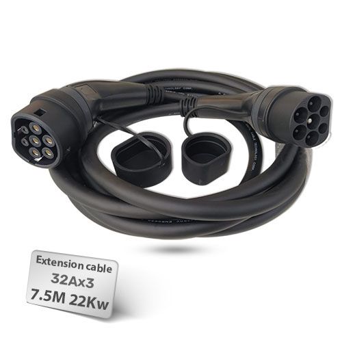 מאריך כבל טעינה לרכב חשמלי 7.5 מטר 22 קילוואט Type-2 To Type-2 TPU
