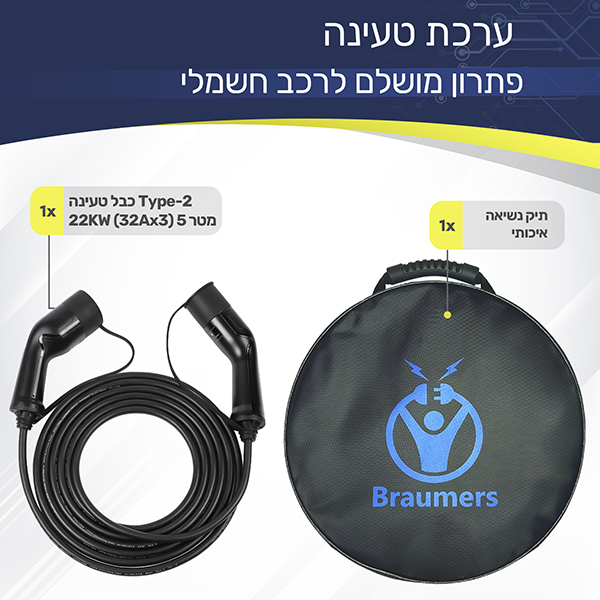 כבל טעינה לרכב חשמלי 5 מטר תלת פאזי Braumers EV CHARGING CABLE Type 2 to Type 2 TPE תמונה 5